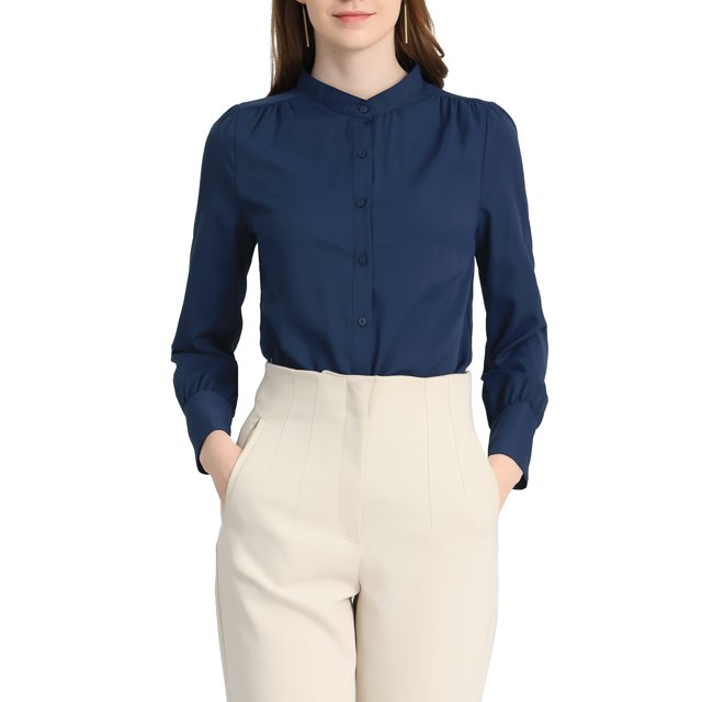 INSPIRE CHIC Women's Stand Collar Button Down Long Sleeve Shirts L Dark Blue