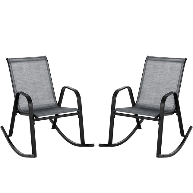 Gymax 2pcs Patio Rocking Chair Heavy-Duty Metal Rocker Outdoor Anti-Slip Gray. Set of two rocking chairs with a sturdy black metal frame and breathable gray fabric seats and backrests. Designed with curved armrests and a gently sloped rocking base with bottom stoppers for stability, these chairs provide ergonomic comfort. While ideal for patios, porches, or poolside, their smooth rocking motion also makes them suitable for nursery use. Dimensions: 36'' x 24.5'' x 34'' (L x W x H), with a seat height of 18'' and a weight capacity of 330 lbs per chair.