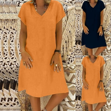 Meichang Robe en Lin pour Femmes Été Col en V Manches Courtes Longueur Genou Robes Décontractées Coupe Ample Plage Robes T-Shirt Grande Taille Robe Midi