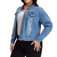 thumbnail image 2 of GRACE & GRANDEUR Women's Plus Size Washed Button Front Frayed Denim Jacket Light Blue 2X, 2 of 8