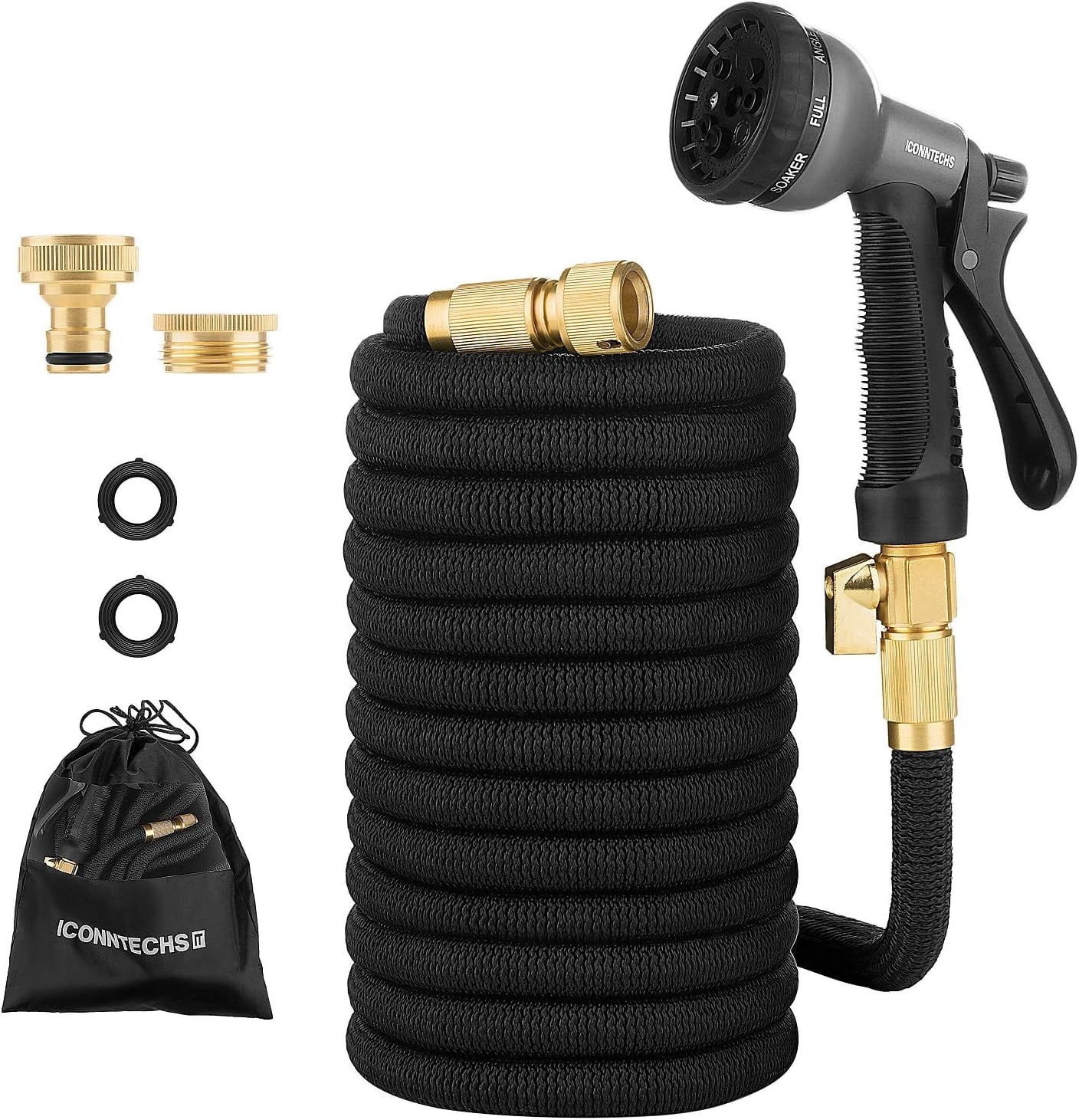 30M/100ft Auto Rewind Garden Hose with Solid Brass Fittings, 1/2" & 3/4" EU Standard, Flexible Water Hose, Shut-Off Valve & 8 Pattern Nozzle