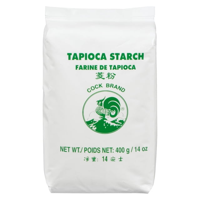 Cock Brand Tapioca Starch in a white 400 g (14 oz) bag with green text and rooster logo, a cassava-derived starch used in Asian cooking and baking as a gluten-free flour substitute, also suitable for thickening sauces.
