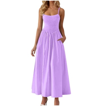 yoeyez Robe Maxi pour Femme Été 2025 à Smocks à Bretelles Spaghetti Longue Robe Soleil Décontractée à Col Rond Évasée en Ligne A avec Poches Fluide Robe de Plage pour les Vacances Violet, TTG