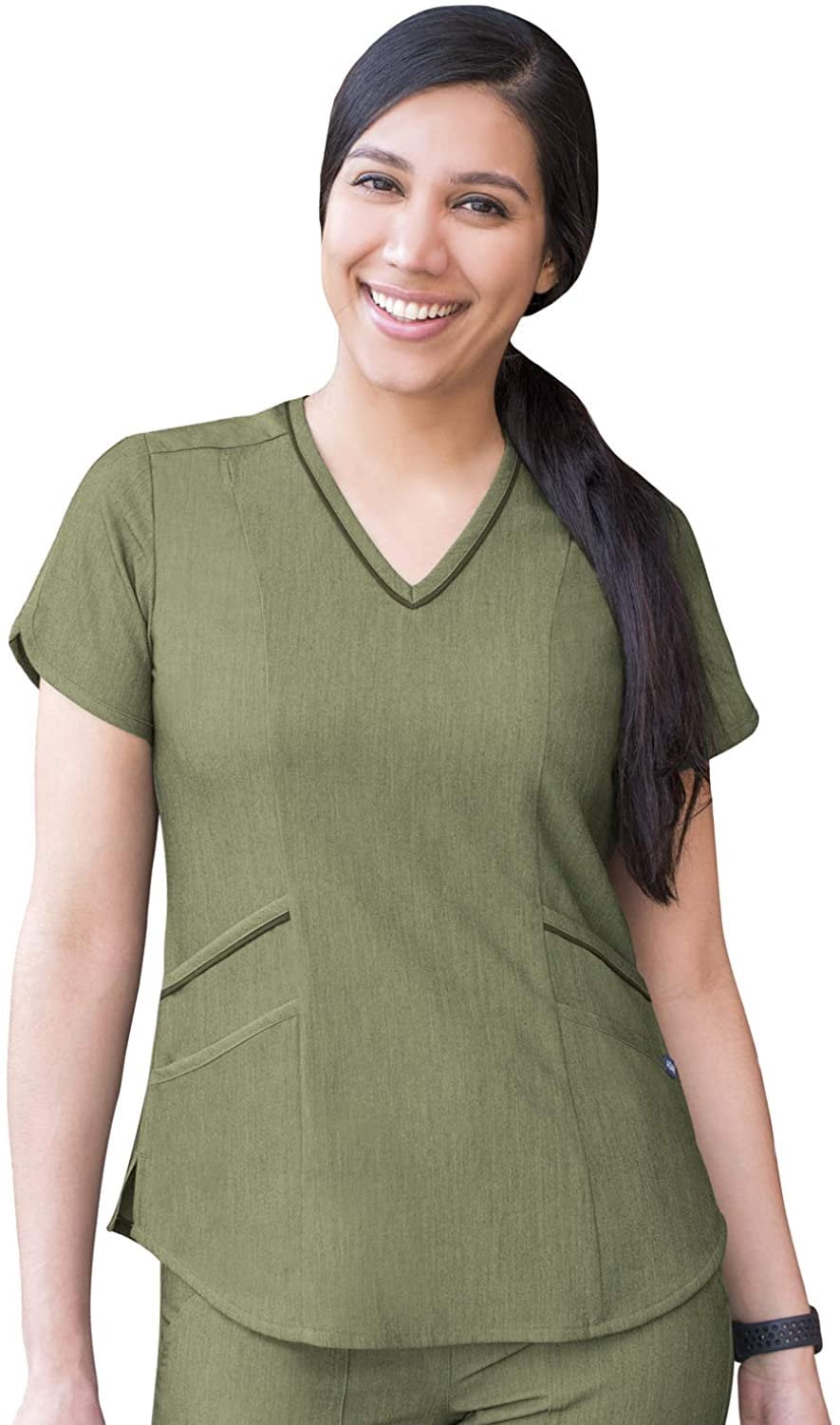 A ADAR Haut de Sarrau Moderne à Col en V pour Femme, Olive Chiné, 2X