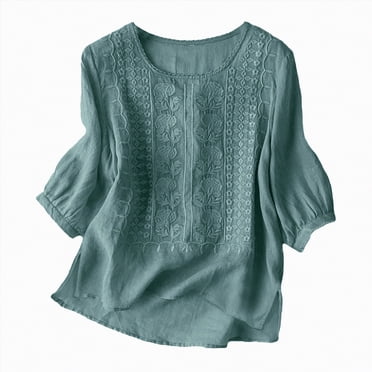 WUANDIXFA T-Shirt à Manches Longues pour Femmes Chemises en Lin pour Femmes Rétro Broderie Été Ample T-Shirts à Manches 3/4 Tuniques Hauts Blouses Décontractées Vêtements Boho Vert,TG