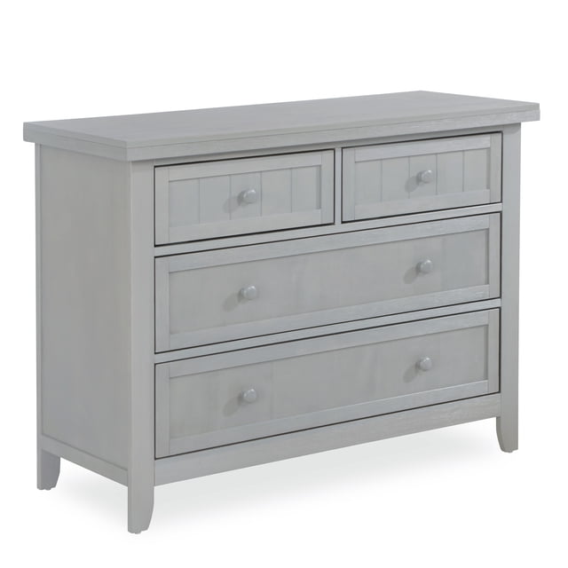 Dream On Me Maple Double Dresser in grey finish with four drawers including two smaller top drawers and two larger bottom drawers, featuring farmhouse modern design with framed plank drawer fronts and round knobs, made of sustainable New Zealand pinewood and engineered wood, ideal for nursery and kids' room storage.