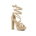 thumbnail image 1 of BLISSFUL STEP Sandales à Talons Hauts Blocs à Plateforme à Lacets pour Femmes Beige 7, 1 of 7
