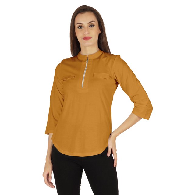 Inkmeso Stylish Mandarin Collar Top For Women Casual Solid Relaxed-Fit Zipper Front Tunic