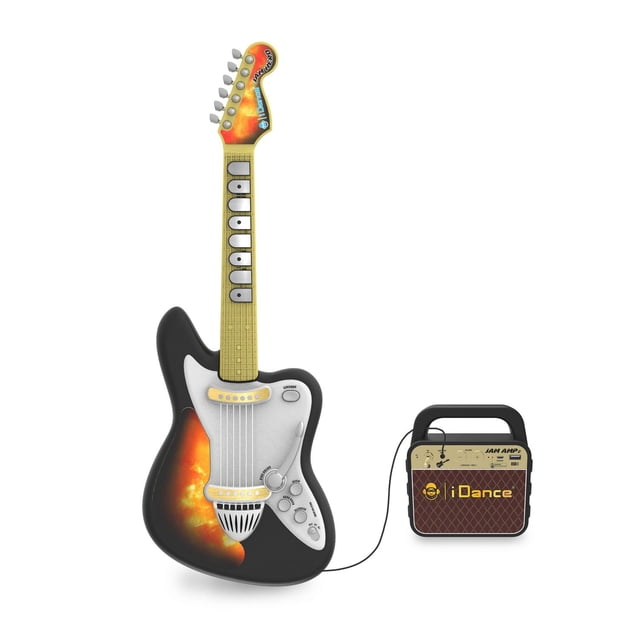 Jam Hero Guitar electric guitar with 6 strings, 8 fretboard buttons with decorative stickers, disco LED effects, 4 guitar style modes, up to 56 guitar loops and chord progressions, whammy bar, drum sounds, and strap. The black guitar body features an orange flame design and silver pickguard. Connected to a compact iDance mini amplifier with control knobs and handle, guitar measures 24 inches long, mini amplifier 4.5 by 7 by 4 inches.