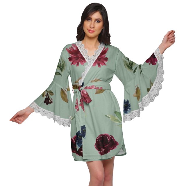 Moomaya Peignoir en Coton pour Femmes Robe de Chambre Imprimée Courte Peignoir de Douche Nuptiale