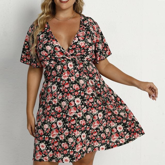 EGNMCR Robes de Fête pour Femmes Femmes Grande Taille Été Décontracté Manches Courtes Col en V Manches Imprimées Robes Robe Ample