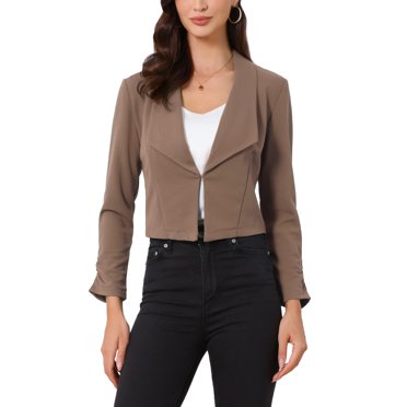 INSPIRE CHIC Women's Notched Lapel Ruched Sleeve Jackets Business Cropped Blazer XL Coffee