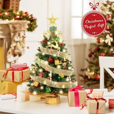 UsRHHA 2FT Mini Christmas Tree Small Prelit, Tabletop Tree for Desk Room with 100 Ornaments, LED Lit Decoration