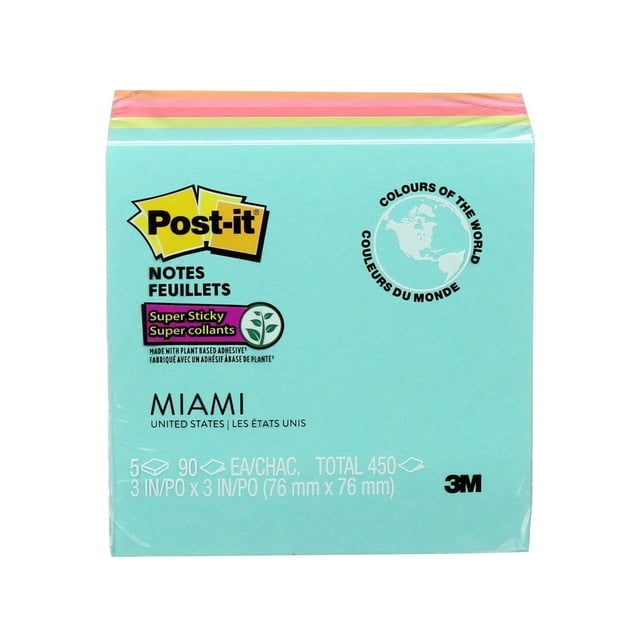 Post-it® Super Sticky Notes Miami Collection pack with five pads of 90 sheets each, total 450 notes, 3 x 3 inches (76 mm x 76 mm), in pastel pink, orange, yellow, green, and blue, featuring plant-based adhesive and Colours of the World logo on turquoise packaging, suitable for office and school reminders.
