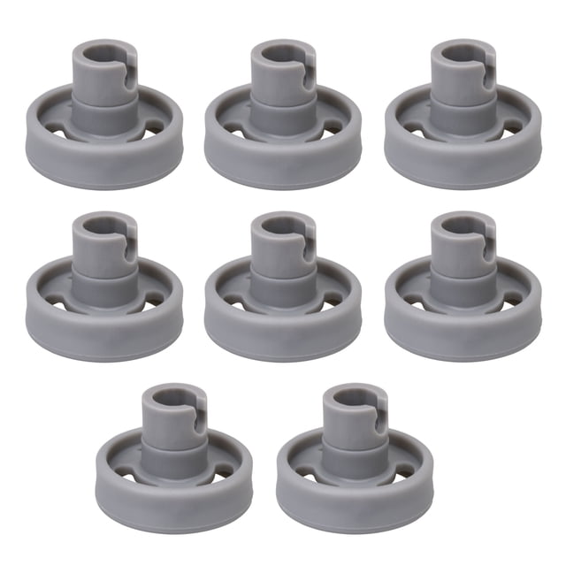 BQLZR Dishwasher Lower Rack Wheel and Stud Replacement for WD12X10231 in gray, pack of 8. These durable plastic wheels are compatible with various GE dishwasher models, including GCD4800L00BB, GCD4800L00SS, and GDT410SIF0II. Each wheel measures 3.5 cm in diameter and 2.4 cm in height, designed for easy installation without requiring extensive tools.