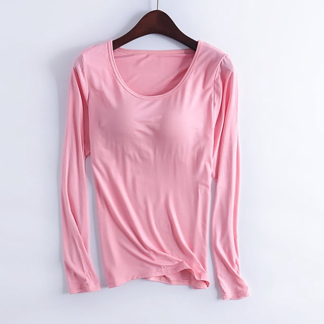 RKSTN Pyjama pour Femmes Mode Couleur Unie Col Ras du Cou Léger avec Soutien-Gorge Rembourré Intégré Manches Longues Tenue de Nuit Confortable Automne Mode Hiver Décontracté une Pièce Haut de Nuit