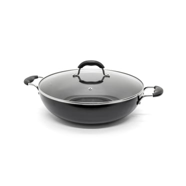 Starfrit Wok 32 cm avec Couvercle en Verre, Aluminium Antiadhésif, 5,7 L (6Qt), Facile à Nettoyer, Va au Four, Noir