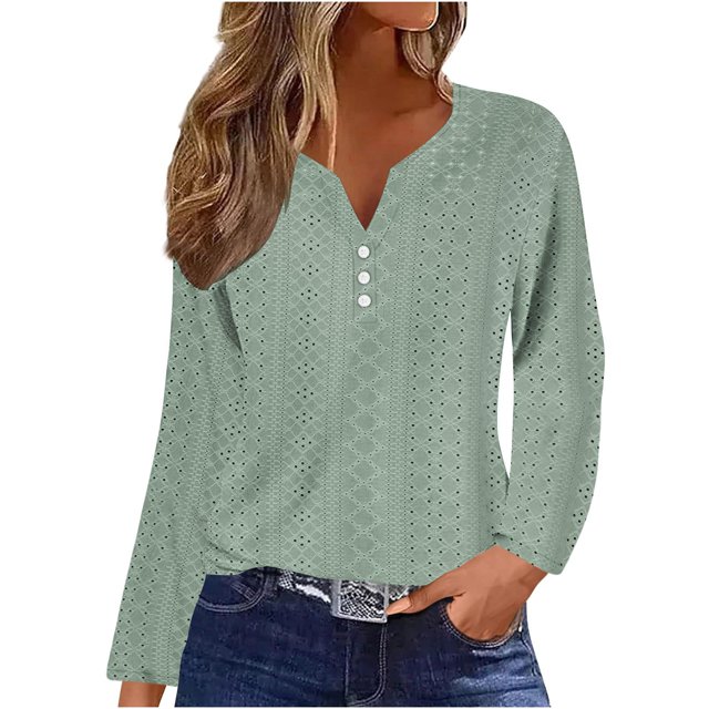 Timegard Hauts à Oeillets pour Femmes Col en V Échancré Blouse à Boutons Chic Décontractée Manches Longues Hauts Amples Automne