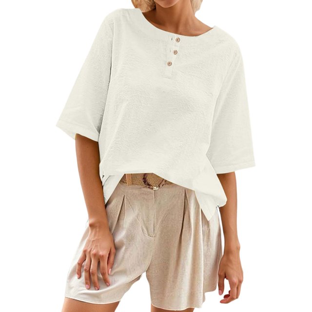 WEIYLL Womens Tshirt Classic With Button Detail Short Sleeve Spring Summer White Tops Sizes M