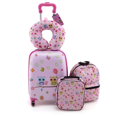 Costway Ensemble de 5 Pcs pour Enfants avec Sac à Dos, Oreiller de Cou, Étiquette de Bagage, Sac à Lunch, Roues, Rose Pâle