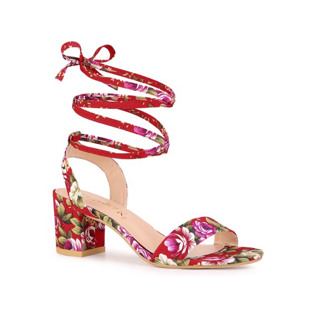 BLISSFUL STEP Sandales à Lacets à Talon Moyen Épais à Bout Ouvert pour Femmes Rouge (Taille 7)