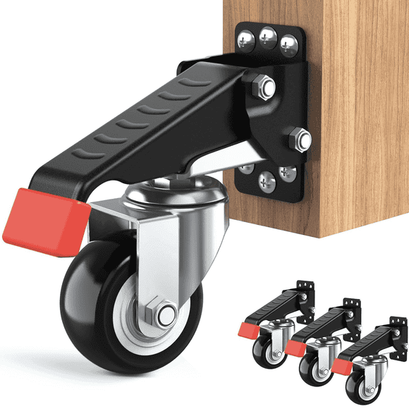 LLMRR Workbench Casters Kit, 4 PCS Heavy Duty Casters with Brake, with Lifting and Lowering Function, Quick Release Stepdown Caster for Workbenches, Machinery and Tables, Load 660LBS, Red