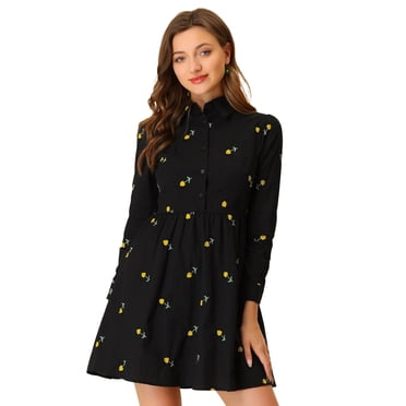 INSPIRE CHIC Robe pour Femme Manches Longues Col Rabattu Boutonnée Robe Chemise Courte à Fleurs Noire G