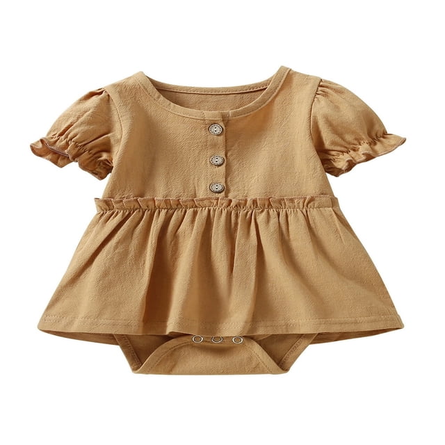 Newborn Baby Girl Cotton Romper Dress Short Sleeve Solid Color Button Tutu Bodysuit Infant Summer Basic Dress