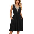 thumbnail image 1 of Beautyin Spring/summer Solid Color V-neck Lace Patchwork Cuffless Pocket Waist Dress, 1 of 6