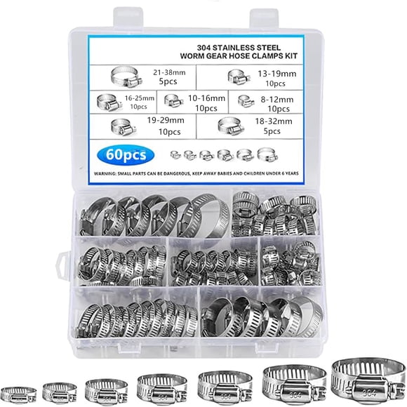 304 Stainless Steel Hose Clamps Assortment Kit - 60Pcs (1/4-2 inch / 8-38mm) Adjustable Worm Gear Clamps for Plumbing, Automotive, Washing Machine, and Mechanical Use