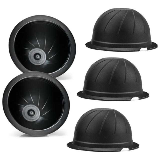 MesaSe 5PCS refillable Vertuo capsules, black reusable coffee pods made of BPA-free food-grade PP material, compatible with Nespresso Vertuoline machines. Each pod has a 230ml capacity, ideal for coffee brewing. Shown in a front-facing view with detailed grooves and smooth edges, suitable for coffee accessories and reusable filters.