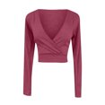 thumbnail image 1 of AherBiu Crop Tops for Women Long Sleeve Wrap Deep V Neck Basic Top Tees Shirts Blouse Solid Color, 1 of 3