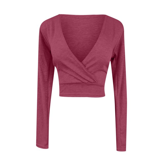 AherBiu Crop Tops for Women Long Sleeve Wrap Deep V Neck Basic Top Tees Shirts Blouse Solid Color