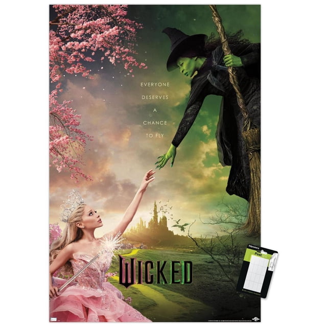 Wicked - One Sheet Wall Poster, 22.375" x 34" depicting a green-skinned witch in a black pointed hat and textured dress holding a broomstick, reaching toward a woman in a pink sparkling gown and silver crown holding a glowing wand, set against a backdrop of pink blossoms, a distant castle, and a cloudy sky, with the text 'Everyone deserves a chance to fly' and the title 'Wicked'.
