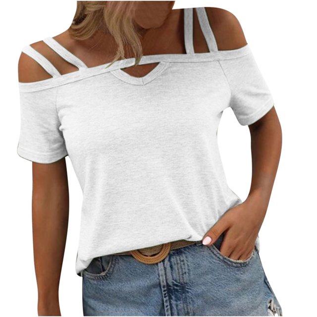 T-shirts pour Femmes Mode Mode pour Femmes Décontracté Couleur Unie T-Shirt à Col à Bretelles Haut Manches 1/2 Hauts pour Femmes