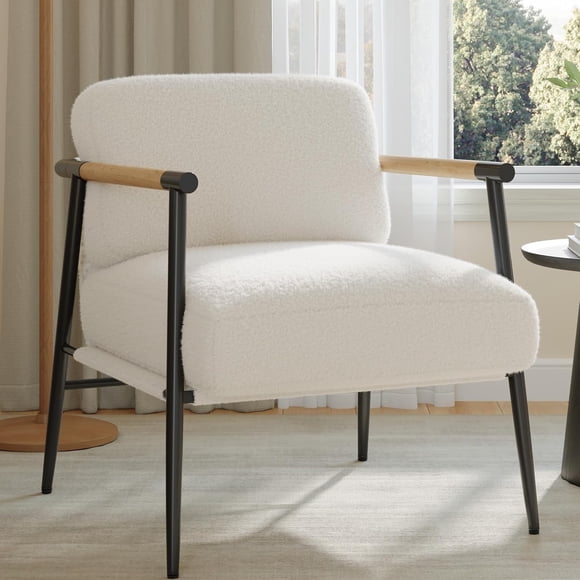 Bingirl Modern Accent Chair, Comfy Chair with Metal Frame Wooden Armrest, Cozy Reading Chair with Soft Cushion for Bedroom, Living Room,Brown (White, Single Chair)