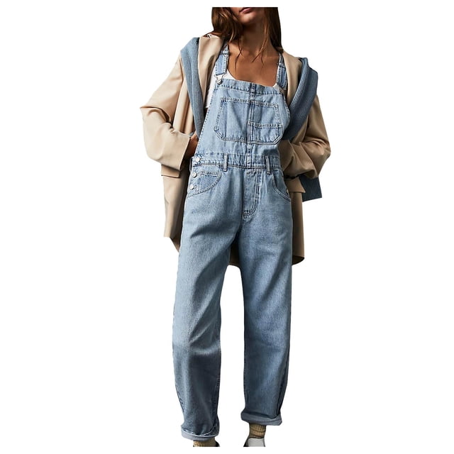 Besolor Salopette en Jean pour Femmes à Bretelles Ajustables, Coupe Ample, Pantalon Long en Denim, Tenues Décontractées Mode, Combinaisons en Jean