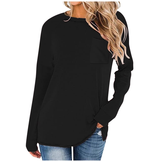 Yuyuzo T-Shirts à Manches Longues pour Femmes Col Ras du Cou Décontractés Basiques Doux Amples Couleur Unie Hauts d'Automne