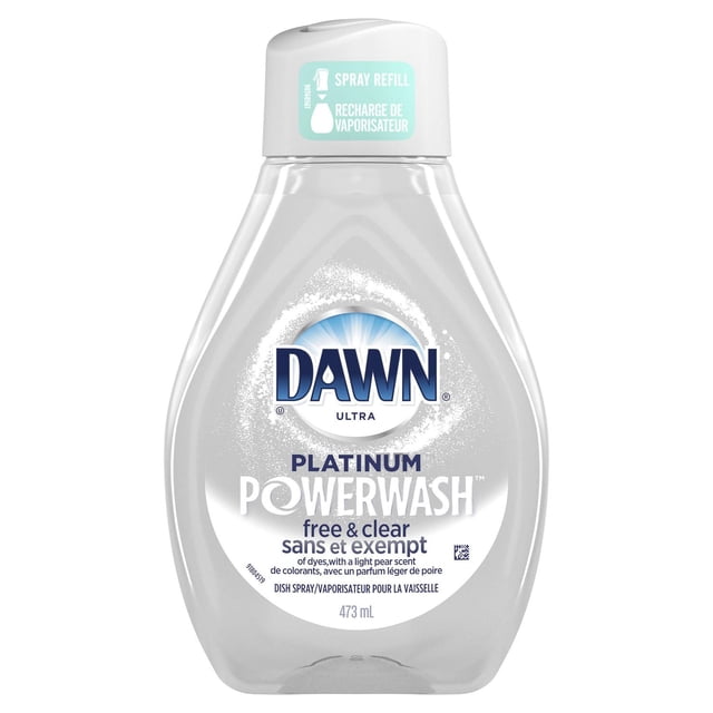 Dawn Free & Clear Powerwash Dish Spray Refill in a 473 mL clear plastic bottle with white cap, featuring platinum powerwash formula with light pear scent, free of dyes, designed for fast grease cleaning and easy spray application as a dish detergent refill.
