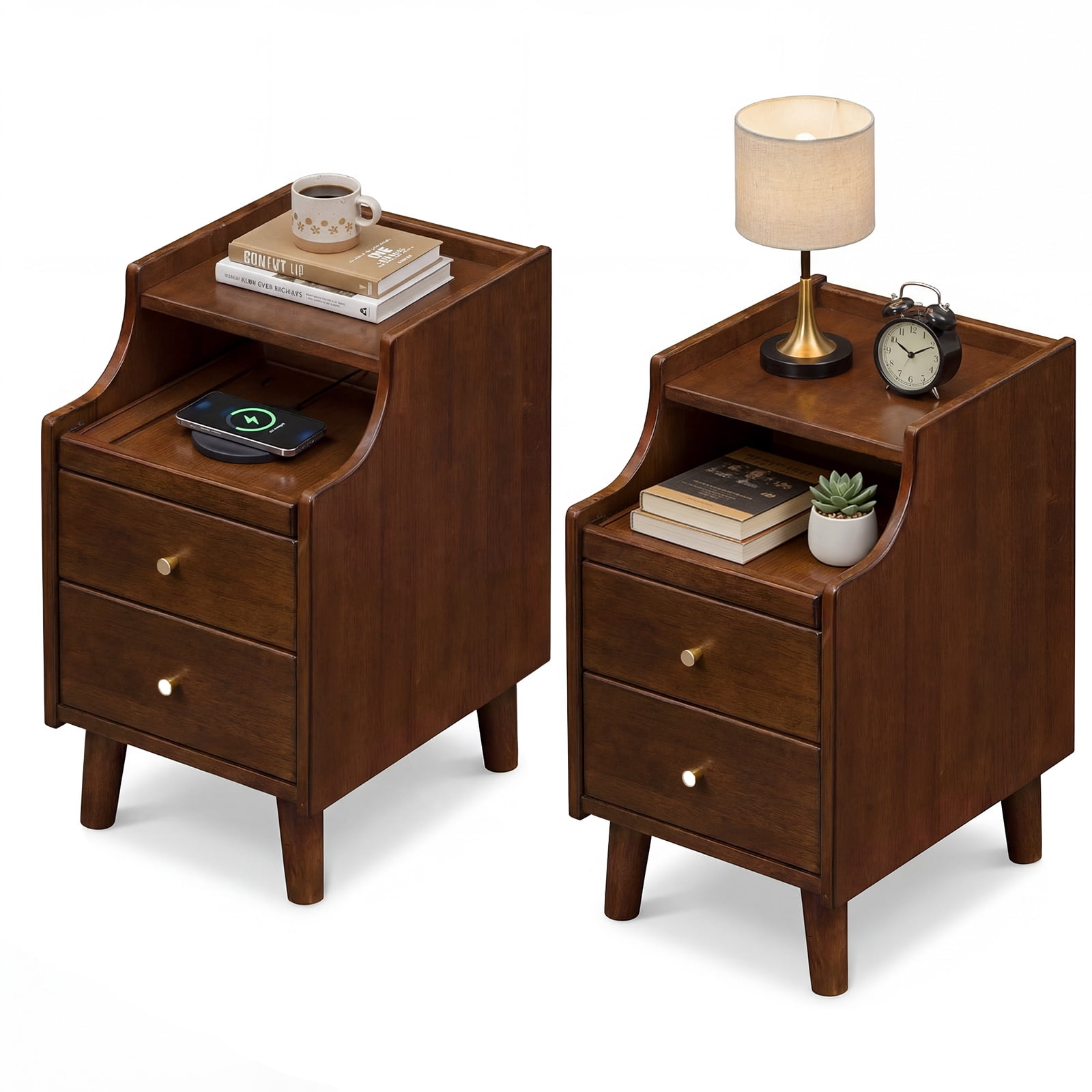 Gymax 2Pcs Wood Nightstand w/ 2 Drawers Narrow Bedside Table w/ Pull-out Tray
