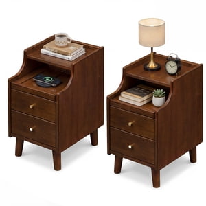 Gymax 2Pcs Wood Nightstand w/ 2 Drawers Narrow Bedside Table w/ Pull-out Tray