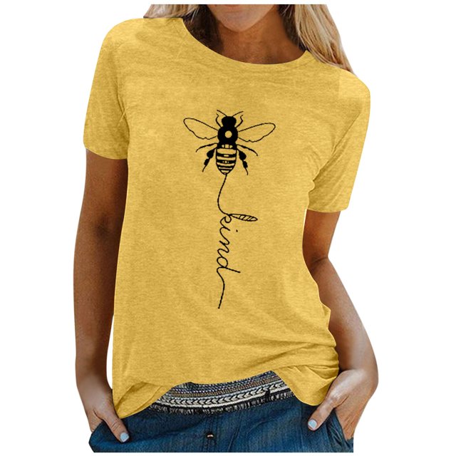 JIRNDf Hauts d'Été pour Femmes T-Shirts Tendance Imprimé Floral Col Rond Manches Courtes Décontracté Confortable Élégant Mignon Graphique T-Shirts pour Femmes Jaune TTG