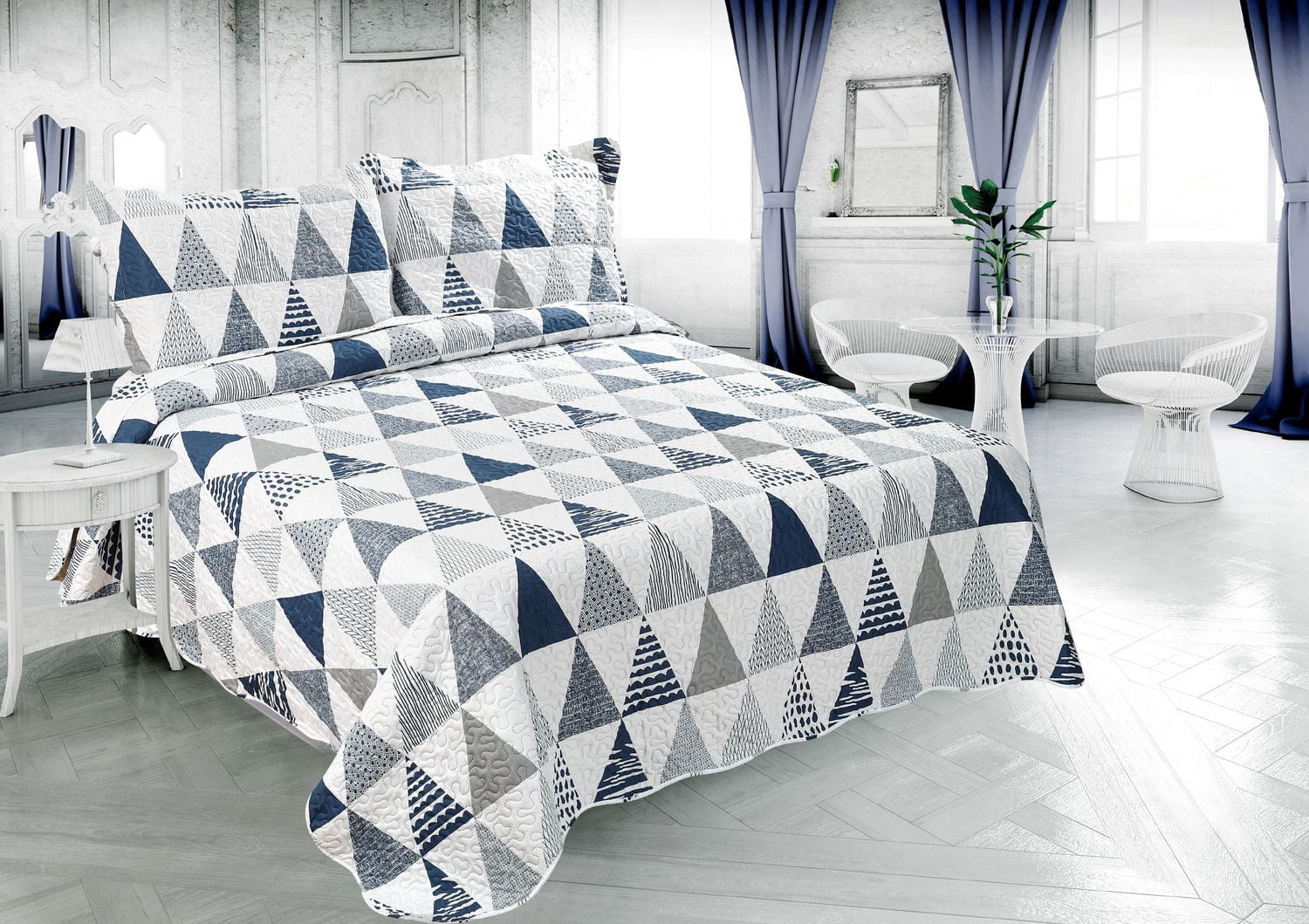 Marina Decoration Rich Printed Embossed Pinsonic Coverlet Bedspread Ultra Soft Bedding Summer Quilt Set with Shams, Modern Geometric Triangle Pattern