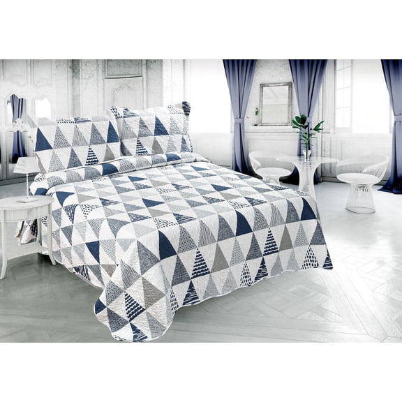 Marina Decoration Rich Printed Embossed Pinsonic Coverlet Bedspread Ultra Soft Bedding Summer Quilt Set with Shams, Modern Geometric Triangle Pattern