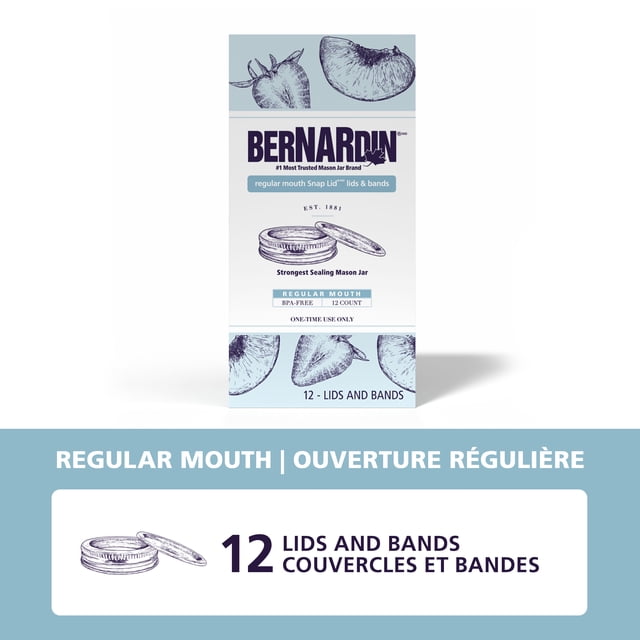 Bernardin Mason Jar Lids and Bands, Regular Mouth, 12 Count box featuring BPA-free metal lids and bands designed for airtight sealing of regular mouth Mason jars, with bilingual English and French text and detailed lid illustrations.