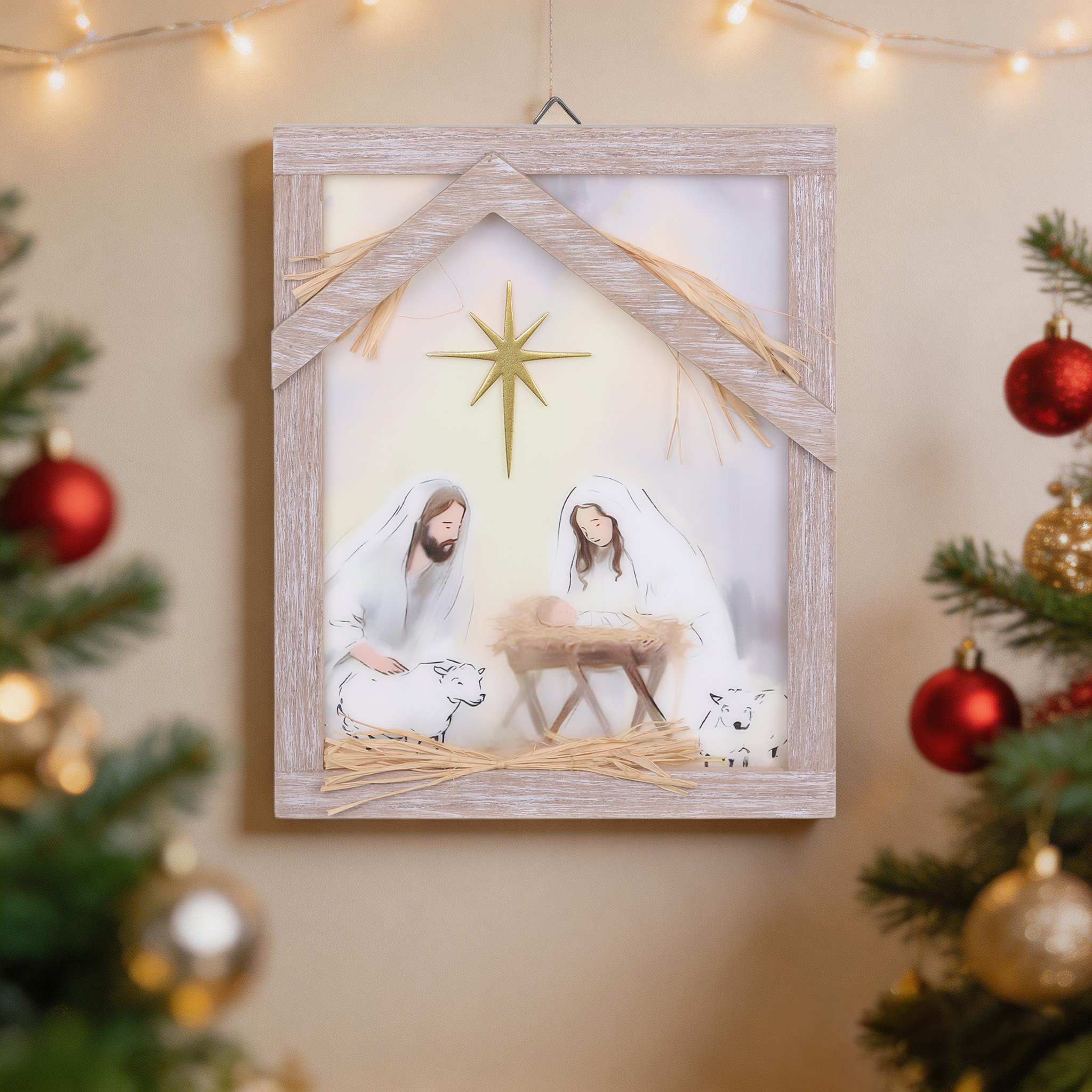 HOLIDAY TIME Décoration murale encadrée en bois de la Nativité 11,75 pouces, suspension murale scène Sainte Famille Noël 80% MDF 20% PP