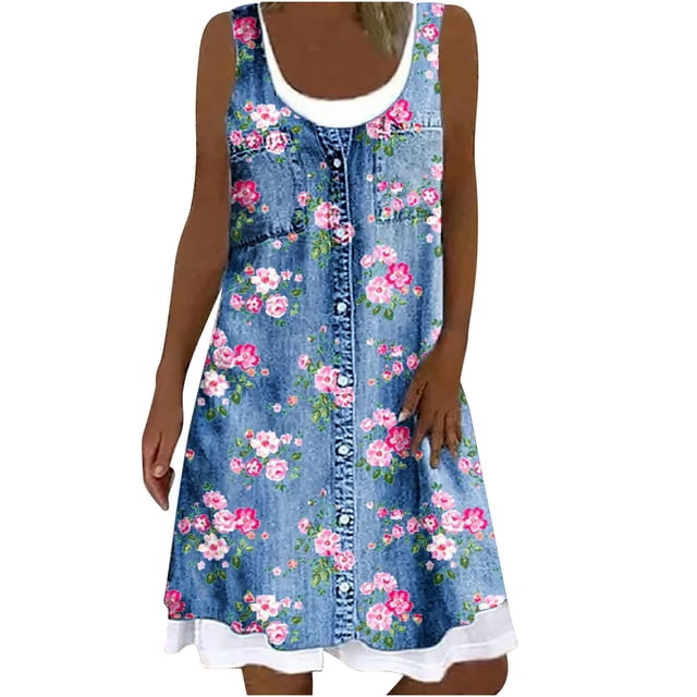 Pisexur Robe en Denim pour Femme Sans Manches à Col en V, Robe Midi à Fleurs, Décontractée, Fente Latérale, Robe-Chemise en Jean