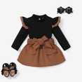 thumbnail image 1 of PatPat Baby Girl Clohes 2PCS Solid Color Long Sleeve Lace Top/Belt Dress Set, 1 of 2