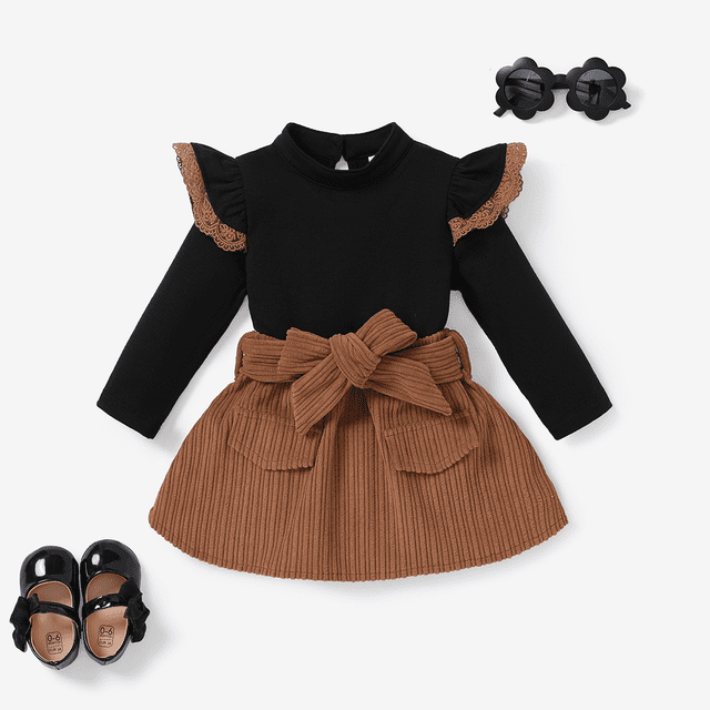 PatPat Baby Girl Clohes 2PCS Solid Color Long Sleeve Lace Top/Belt Dress Set