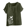thumbnail image 3 of Pisexur Hauts pour Femmes Décontractés en Lin Col Rond Grande Taille Imprimé Manches Courtes T-shirt Blouse, Hauts d'Été pour Femmes Vert Armée, 2TG, 3 of 4